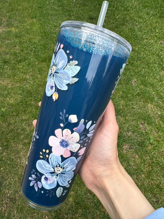 *Ready-to-Ship* 24oz Acrylic Tumbler - Blue and Pink Flowers